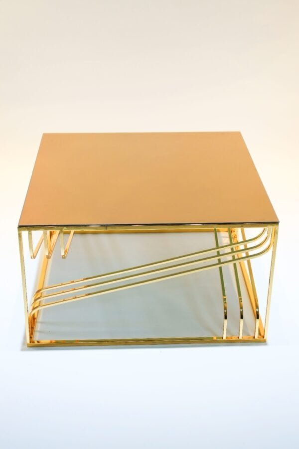 Gold Square Table With Reflective Top And Geometric Base Of Intersecting Metal Rods