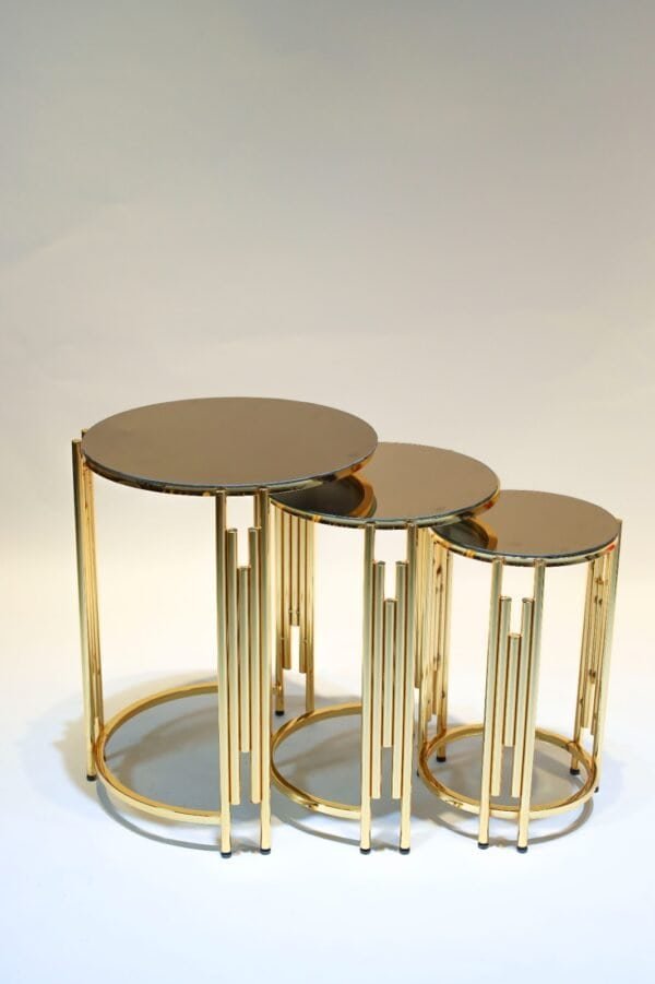 Three Round Nesting Tables With Mirrored Tops, Gold Frames, Vertical Bar Supports.