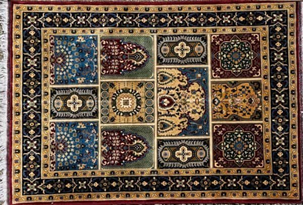 Traditional Persian Rug With Intricate Geometric, Floral Patterns In Blue, Red, Yellow, Green.