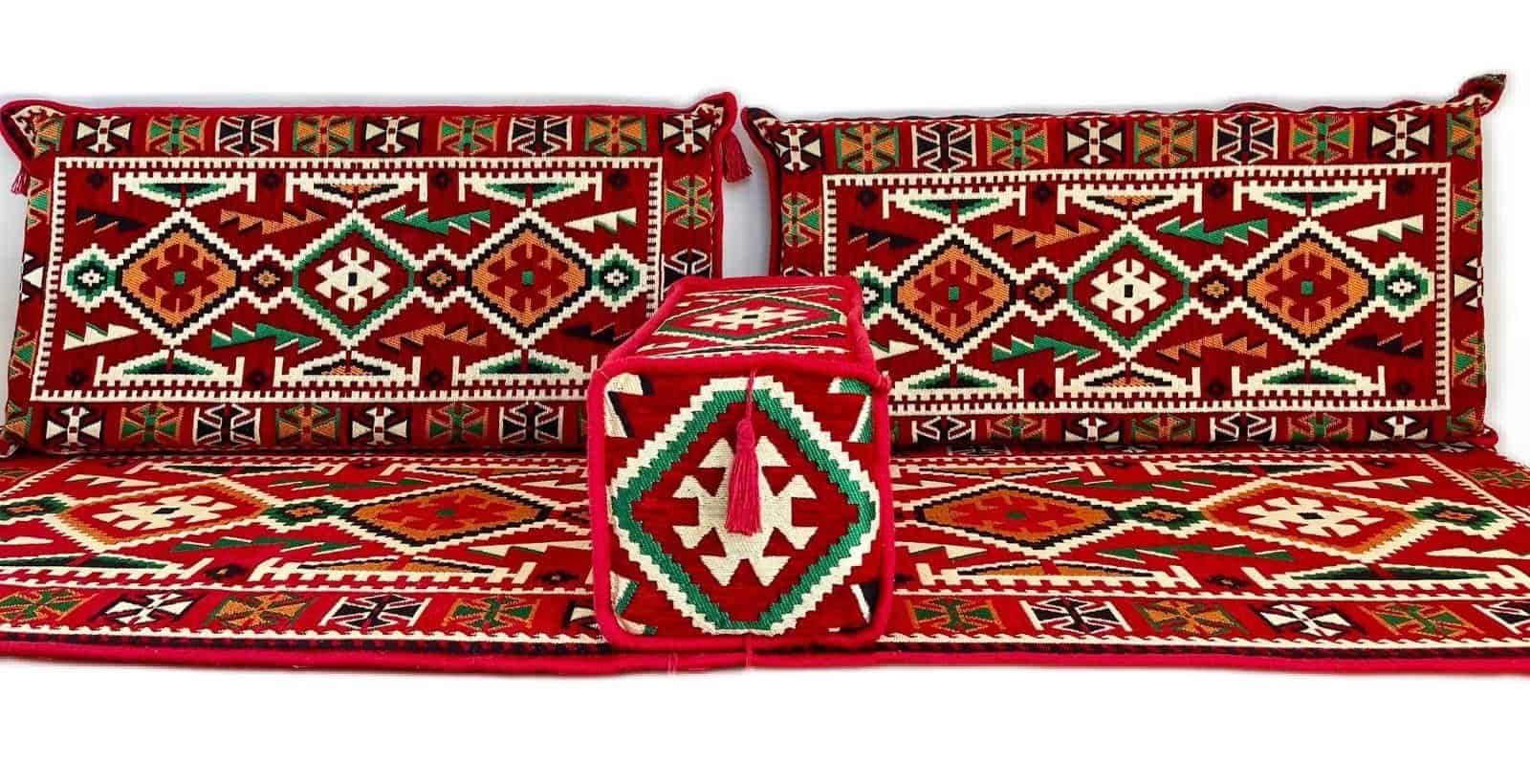 Geometric Patterned Cushions And Mat Traditional Woven Cushions And Mat With Intricate Red, Green, White Geometric Patterns.