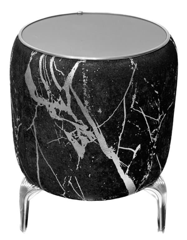Round Side Table With Black Base, White Veining, Mirrored Top, And Metallic Legs.