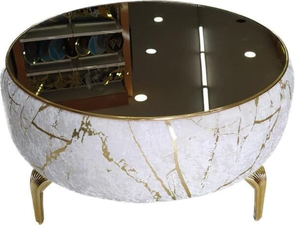 Round Coffee Table With Black Top, White And Gold Marbled Base, Four Gold Legs.