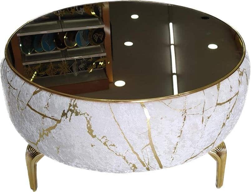 Velvet Puff Tables - The Hero Your New Zealand Home Decor Needs 6 Round Coffee Table With Black Top, White And Gold Marbled Base, Four Gold Legs.