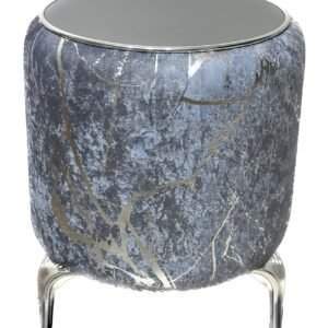 Cylindrical stool with silver-blue metallic abstract design, mirrored top, and curved legs.
