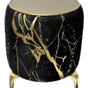 Round side table with black surface, gold marbled patterns, glass top, and metallic gold legs.