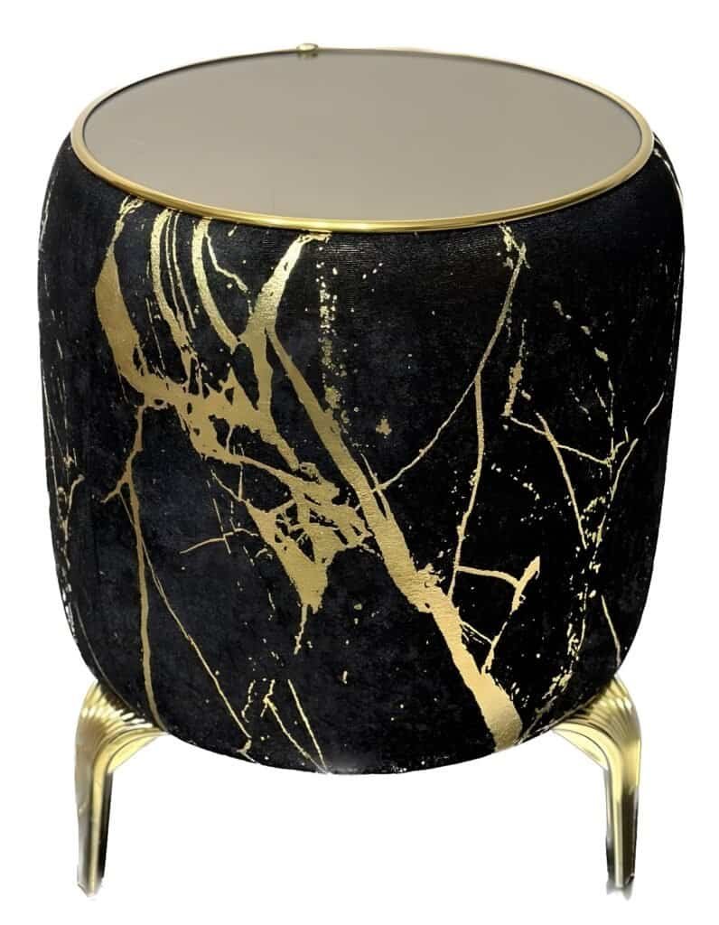 Velvet Puff Tables - The Hero Your New Zealand Home Decor Needs 2 Round Side Table With Black Surface, Gold Marbled Patterns, Glass Top, And Metallic Gold Legs.