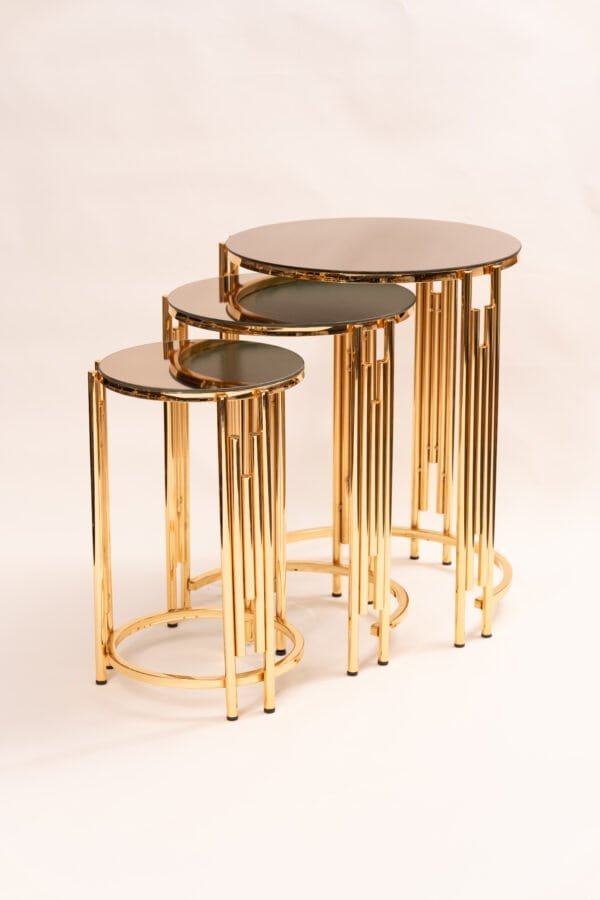 Luxury Gold Nesting Coffee Table  Modern Nesting Side Tables  Mirrored Glass Coffee Table Set  Round Gold Accent Tables  Small Space Coffee Table  Elegant Living Room Tables  Stackable Coffee Table Set  Contemporary Gold Table Furniture  3 Piece Nesting Table  High-End Coffee Table Design 