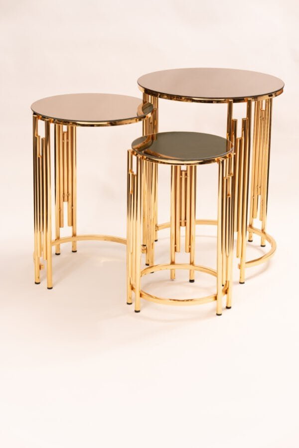 Luxury Gold Nesting Coffee Table  Modern Nesting Side Tables  Mirrored Glass Coffee Table Set  Round Gold Accent Tables  Small Space Coffee Table  Elegant Living Room Tables  Stackable Coffee Table Set  Contemporary Gold Table Furniture  3 Piece Nesting Table  High-End Coffee Table Design 