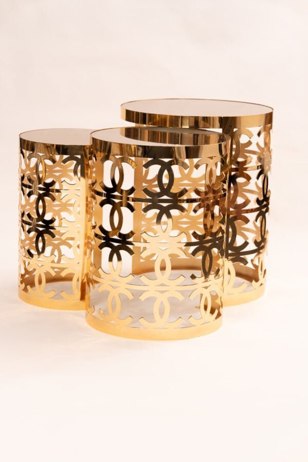 Luxury Gold Nesting Table Set With Polished Finish And Floral Cut-Out Design