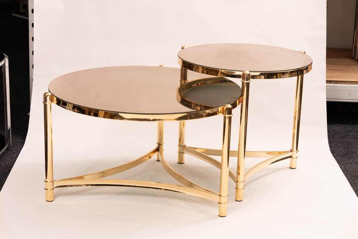 Modern 2 Piece Coffee Table Set With Round Glass Tops And Gold Polished Frame – Space-Saving Design