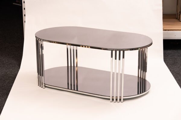 Chrome Oval Console Table Set – 3-Piece Black Glass Nesting Tables With Modern Chrome Frame - Image 2