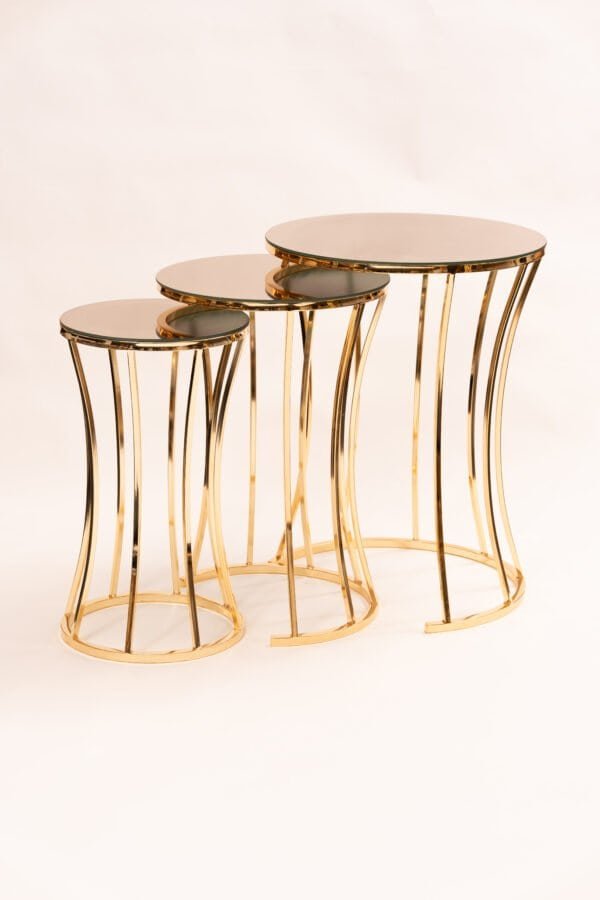 Gold Curved Nesting Table Set With Modern Glass Tops And Gold Steel Frame