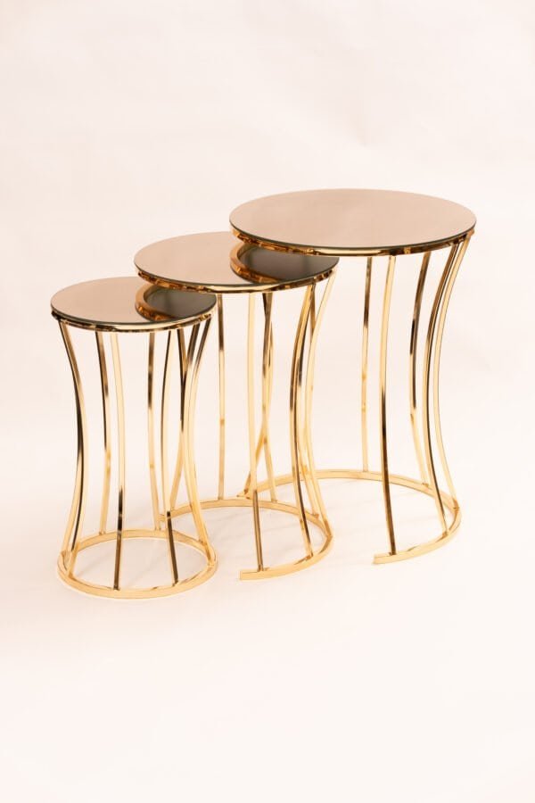 Gold Curved Nesting Table Set With Modern Glass Tops And Gold Steel Frame