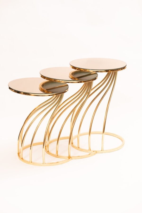 Golden Nesting Table Set With Mirrored Top And Gold Metal Frame – 3-Piece Modern Design