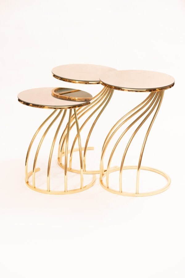 Golden Nesting Table Set With Mirrored Top And Gold Metal Frame – 3-Piece Modern Design