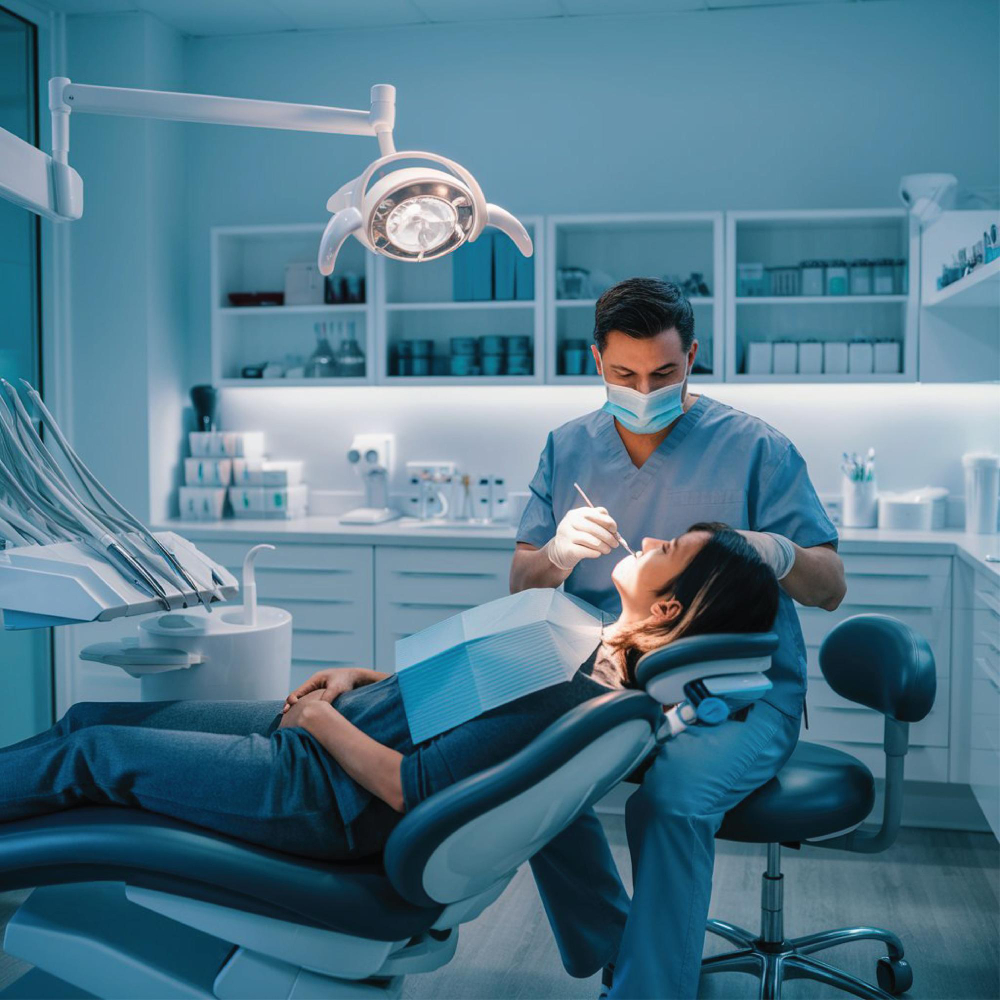 Dentist performing dental implant procedure in a modern clinic.