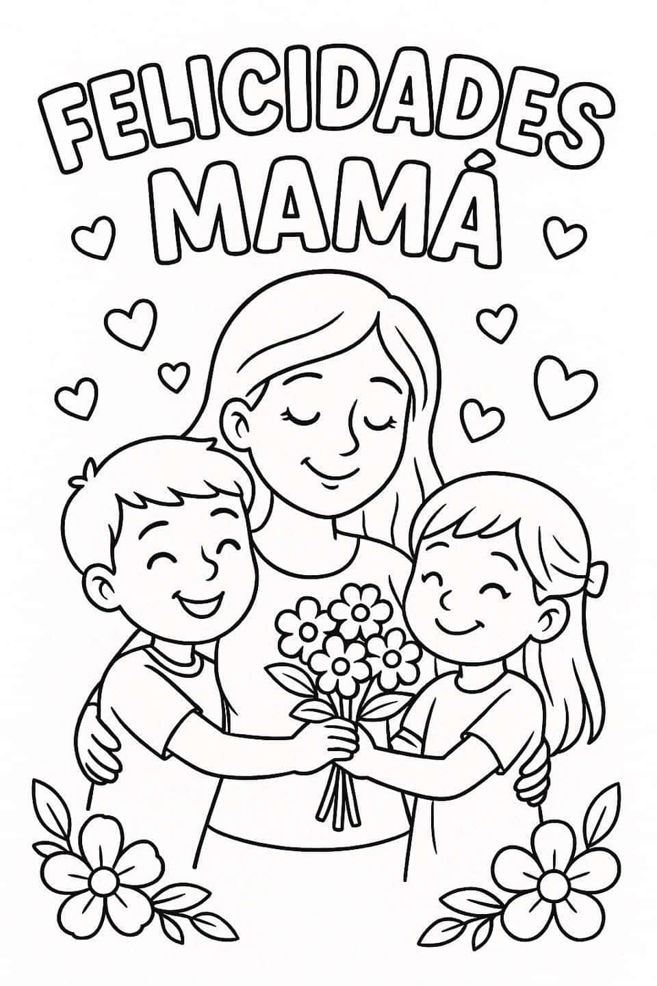Felicidades Mamá con dos hijos y ramo de flores