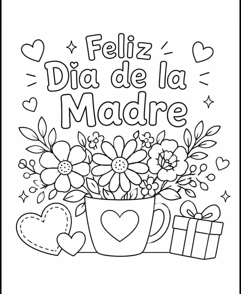 Feliz Día de la Madre con taza de flores y regalo