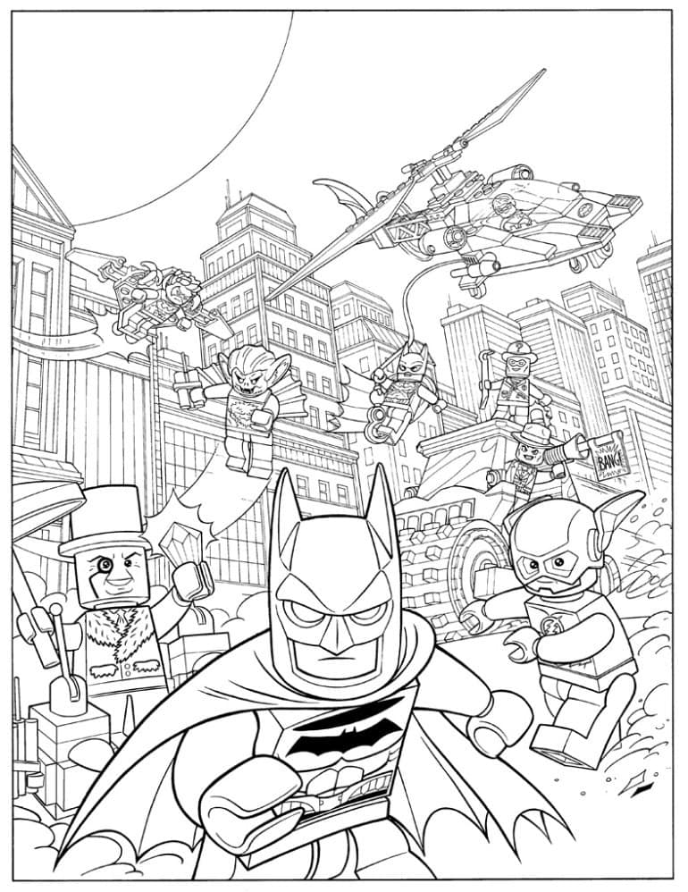 Imagen de Lego Batman y personajes en una ciudad con vehículos y armas.