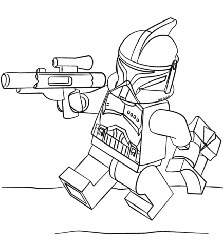 Dibujo de un soldado de Lego Star Wars con bláster para imprimir y colorear.