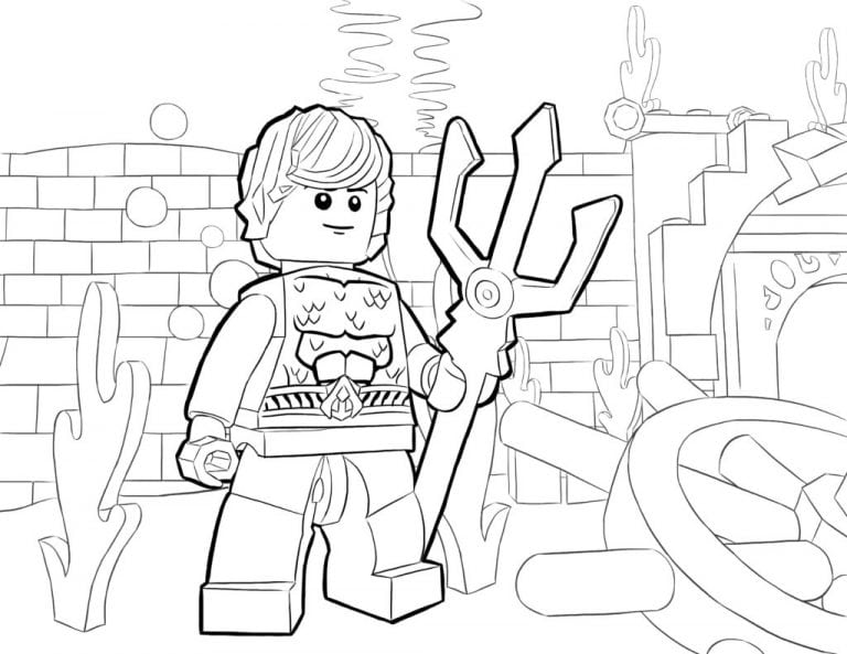 Dibujo de un Lego superhéroe con tridente, listo para colorear y jugar. Ideal para niños que aman lo.