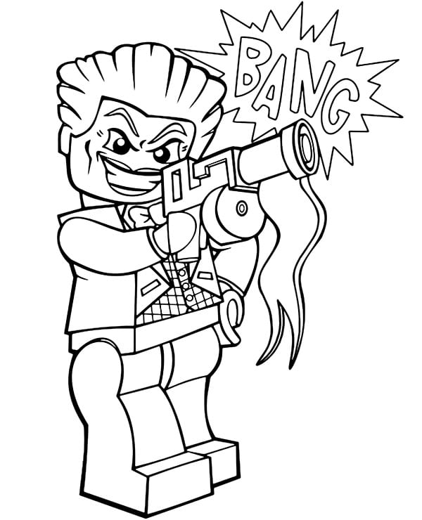 Lego superhéroe con arma y expresión valiente, para colorear y aprender.