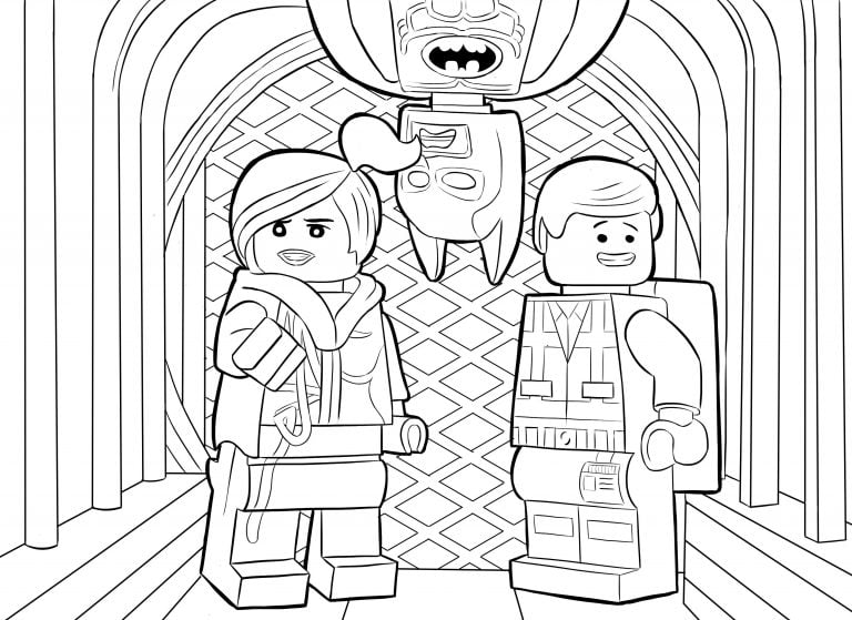 Imagen de dos personajes Lego superhéroes en un escenario de dibujos para colorear.