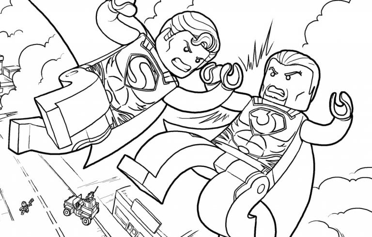 Dibujo de Lego con superhéroes en acción, ideal para imprimir y colorear.