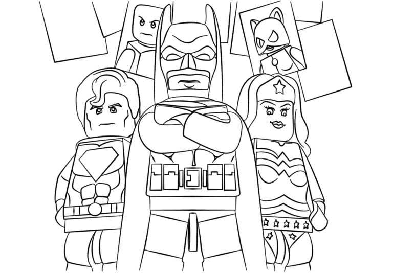 Dibujo de Lego de superhéroes para colorear, incluyendo Batman, Wonder Woman y otros personajes.