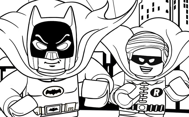 Dibujo de Lego Batman y Robin para colorear, ideal para niños y fans de los superhéroes.