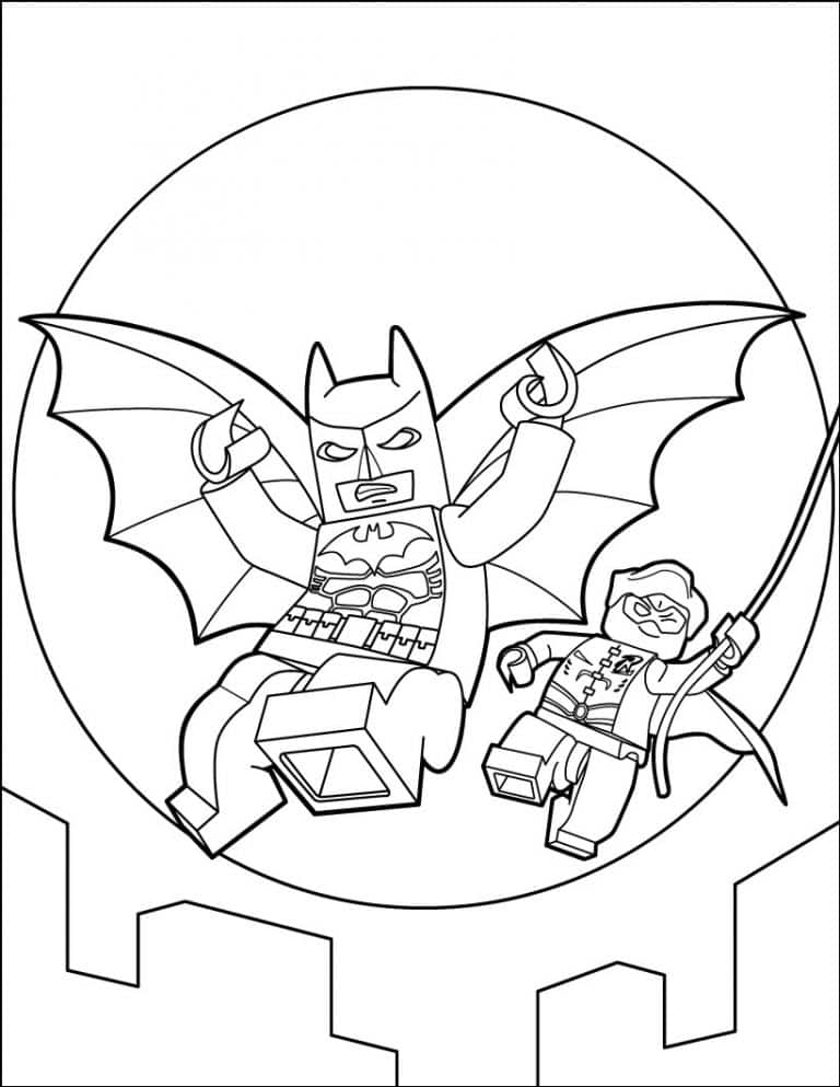 Imagen de Lego Batman con alas de murciélago y un personaje con paraguas para colorear.
