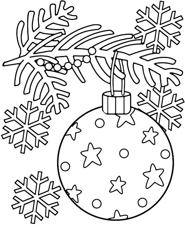 Decoración navideña con bola y ramas de pino para colorear en Navidad.