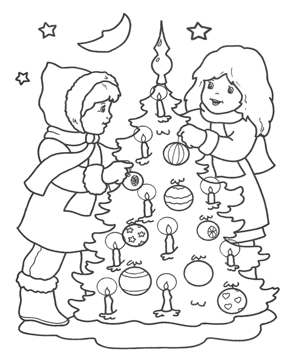 Dibujo de niños decorando un árbol de Navidad con velas y adornos festivos.