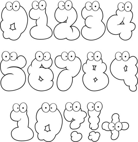 Números para colorear con caras divertidas y grandes ojos, ideales para aprender y jugar.