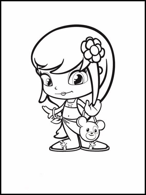 Dibujo de Pinypon con vestido y flor en el cabello para colorear.