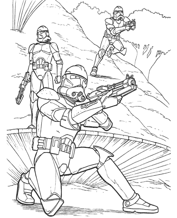 Dibujo de soldados de Star Wars en acción para imprimir y colorear.