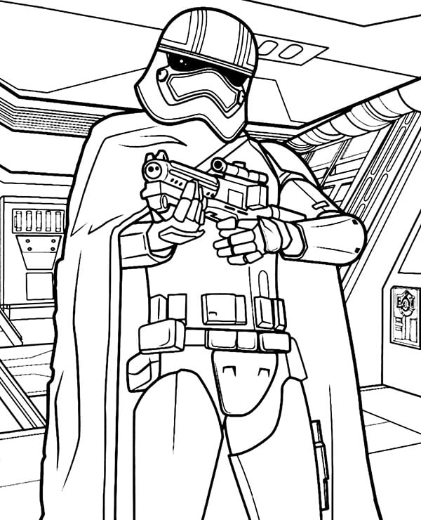 Dibujo de un soldado de Star Wars con casco y blaster listo para colorear.