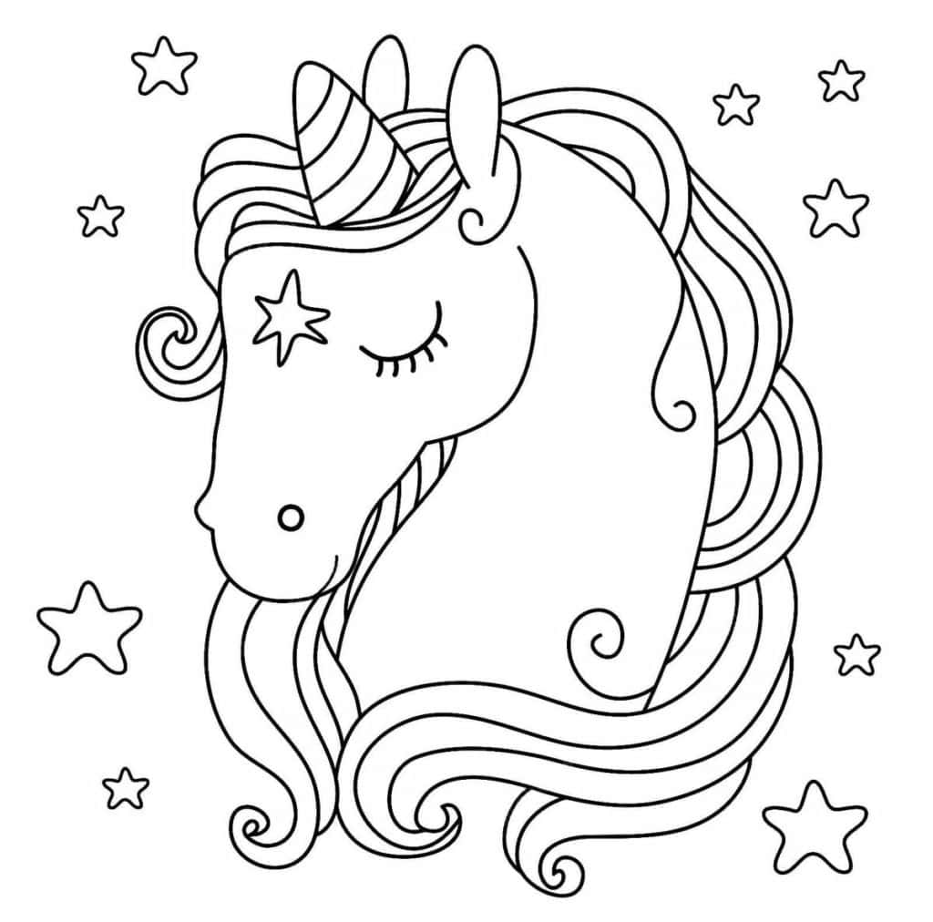 Unicornio para colorear con melena larga y estrellas, ideal para niños que aman los dibujos de unico.