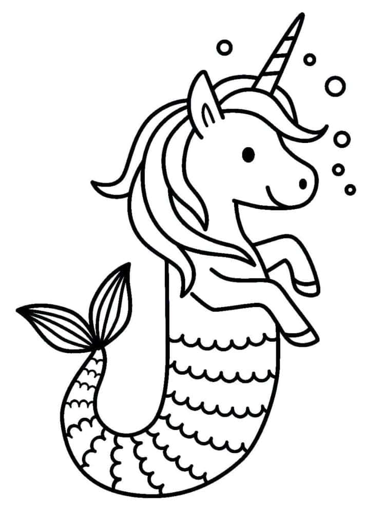Unicornio para colorear, dibujo de unicornio con cuerpo de sirena para imprimir y pintar.