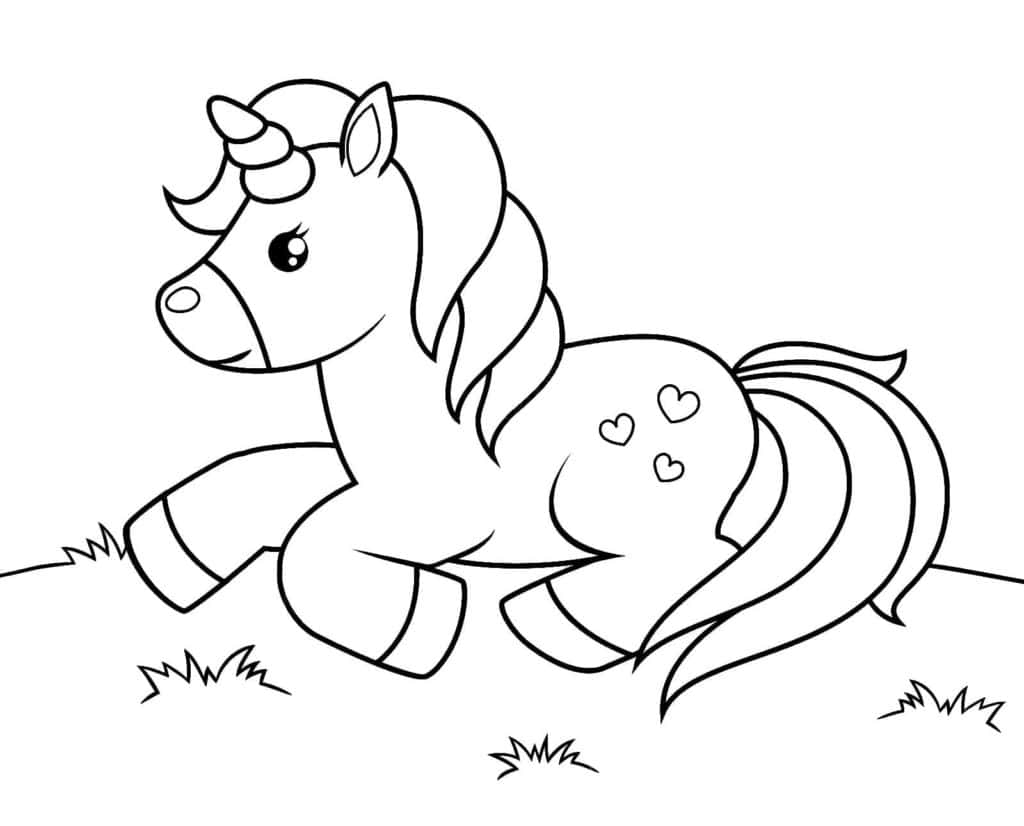 Unicornio para colorear con corazones, ideal para niños y amantes de los unicornios.