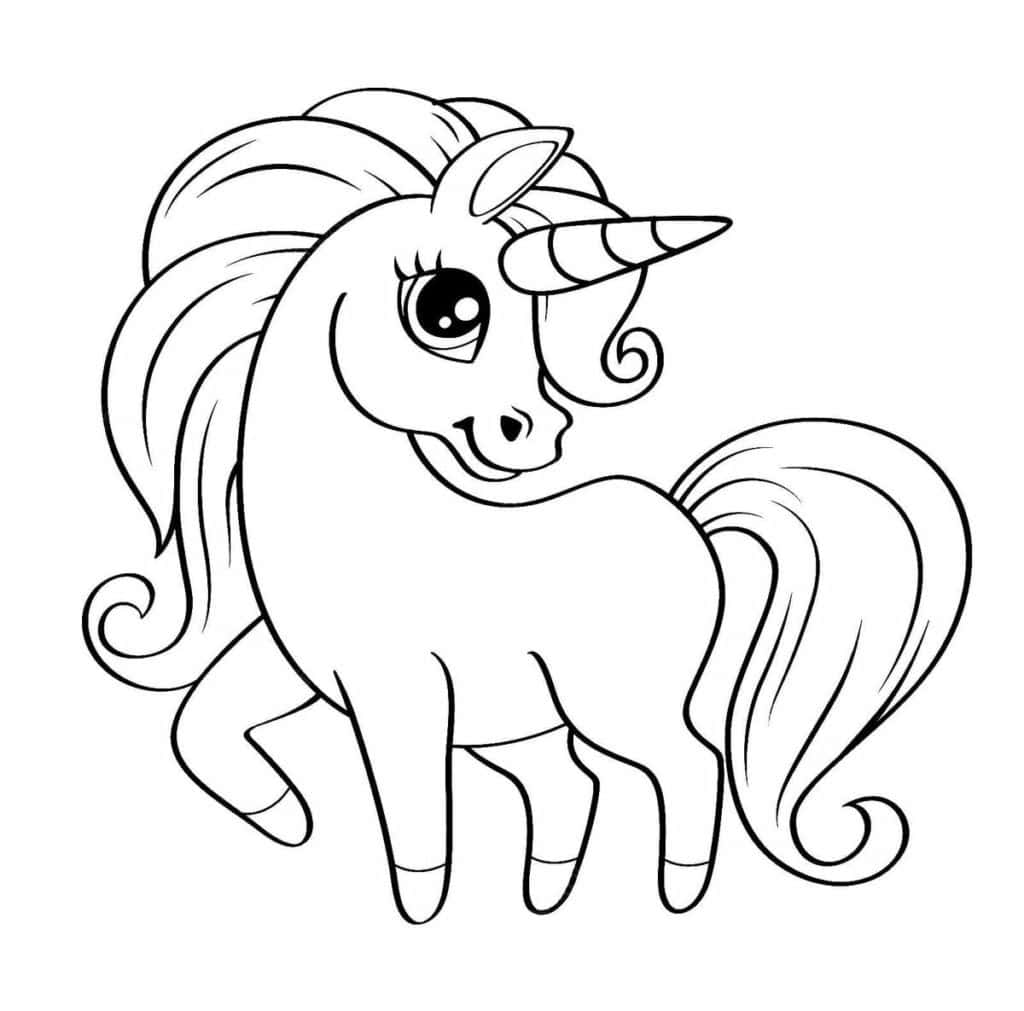 Unicornio para colorear, dibujo infantil de unicornio con cuerno y melena grande.