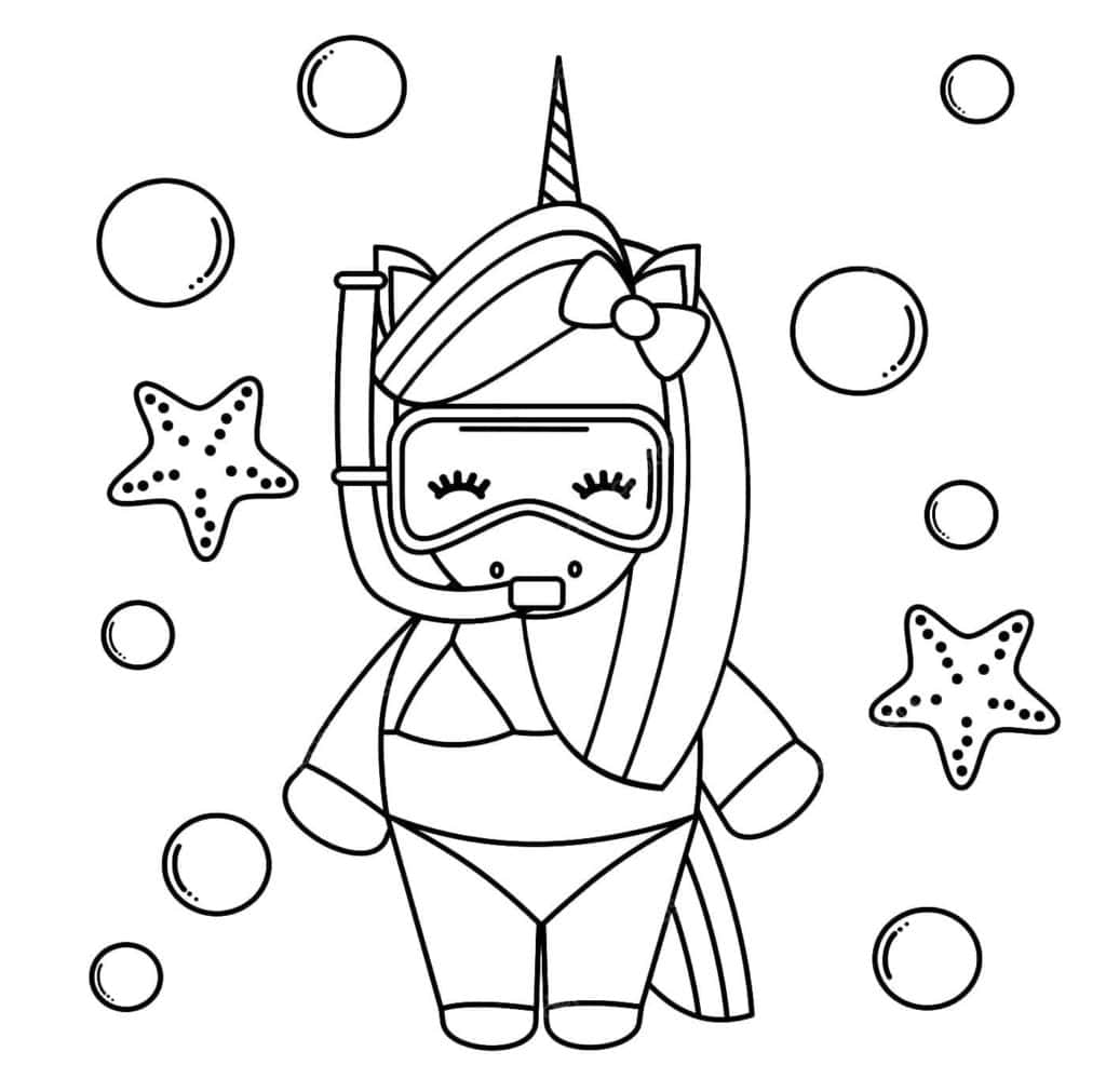 Unicornio con gafas de buceo para colorear, ideal para niños y actividades creativas.