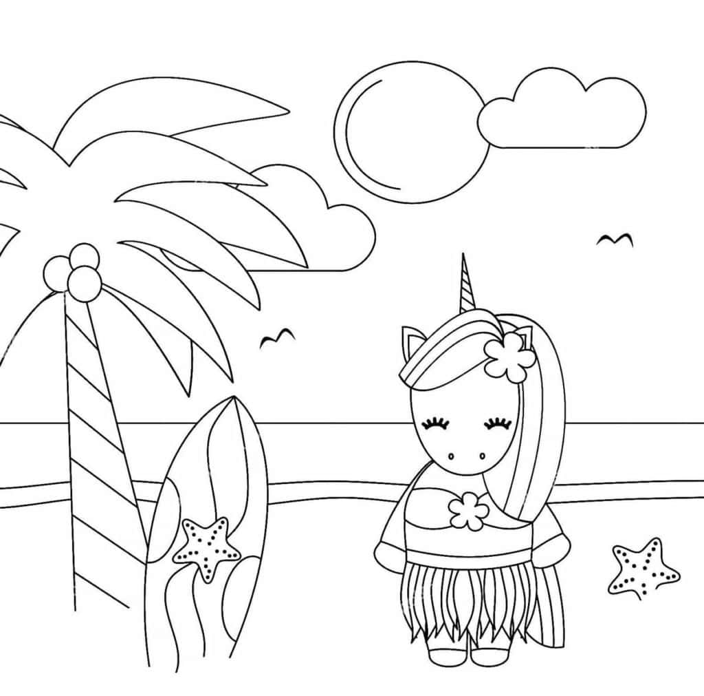 Imagen de unicornio en la playa para colorear y pintar.