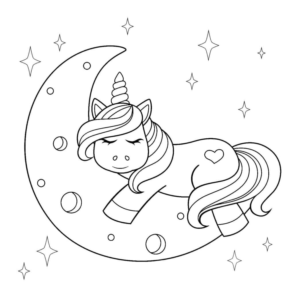 Unicornio adorable en la luna para colorear y aprender.