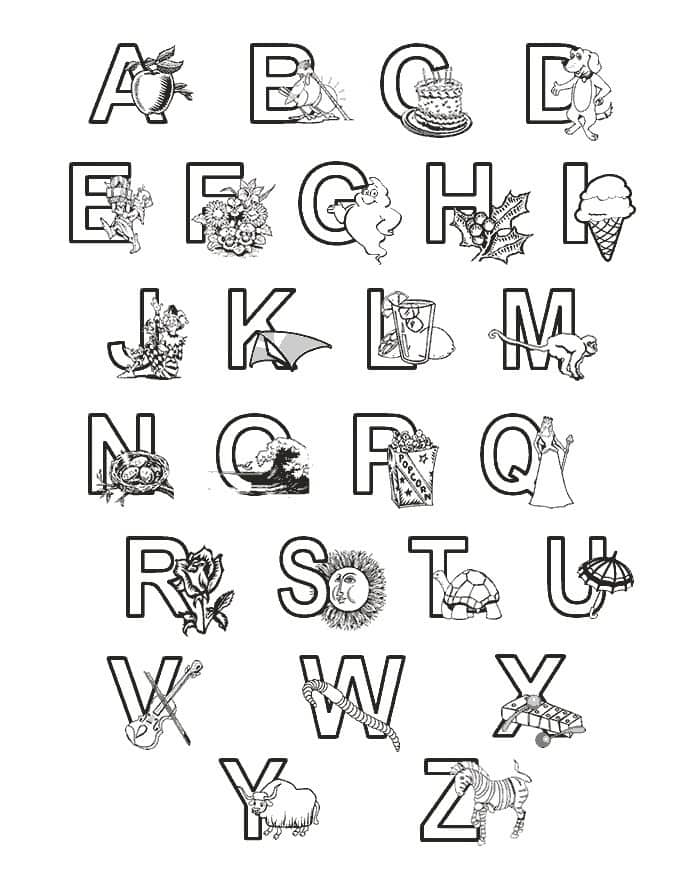 Abecedario para colorear con letras y dibujos infantiles.