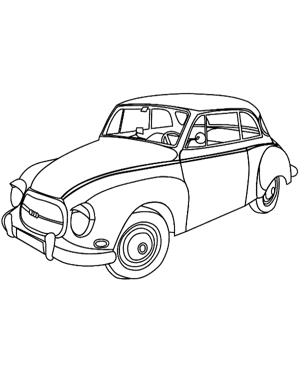 Dibujo de coche clásico en línea para imprimir y colorear, ideal para niños y actividades educativas.