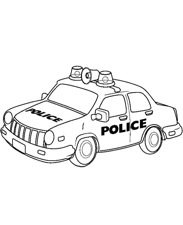 Dibujo de coche de policía para colorear, ideal para niños y actividades educativas.