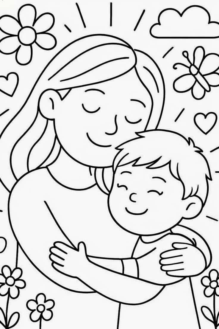 Mamá abrazando a su hijo con flores y mariposas para colorear