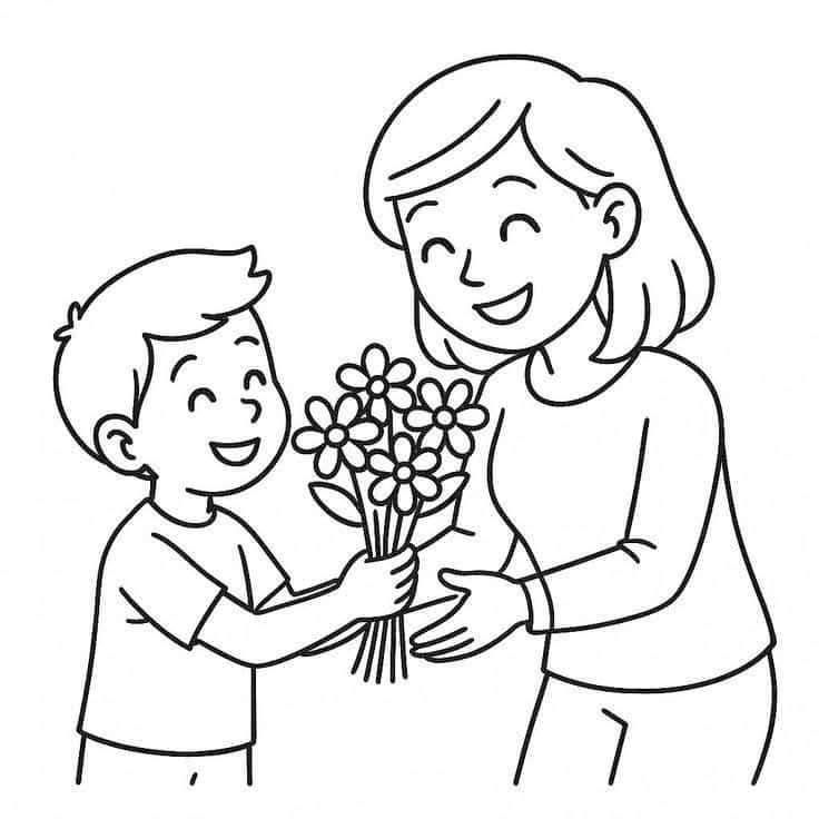 Niño regalando ramo de flores a su mamá