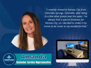 A woman smiles beside a quote about moving to Kansas City; below is her name, Amanda, and title, Customer Service Representative. An inset shows a computer workstation.